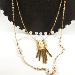 Bohemian Layered Beaded Stones Wood Gold Tone Fringe Necklace